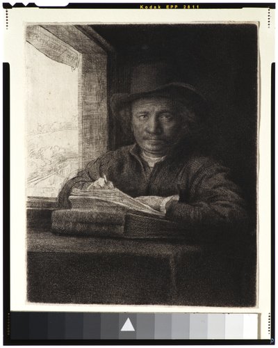 Selvportræt, Etching at a Window, 1648 (ætsning og gravering på lagt papir) af Rembrandt van Rijn
