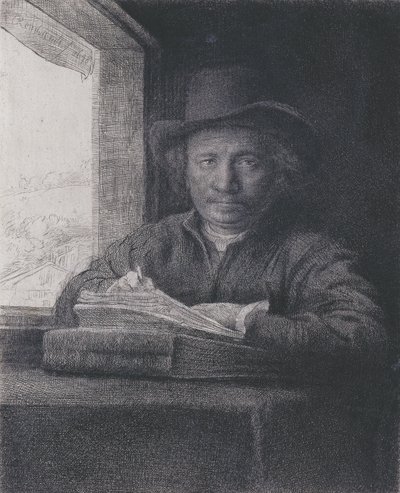 Selvportræt, Etching at a Window, 1648 (ætsning og gravering på lagt papir) af Rembrandt van Rijn