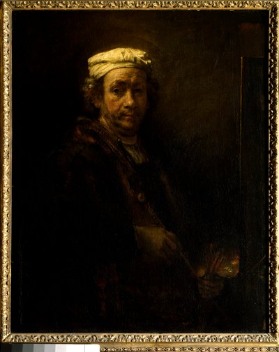 Selvportræt ved staffeli. Maleri af Rembrandt Harmenszoon van Rijn dit Rembrandt (1606-1669) Ec. Hul. af Rembrandt van Rijn