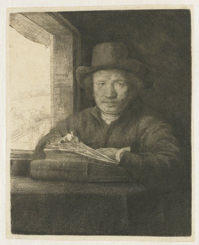 Selvportrætætsning ved et vindue af Rembrandt van Rijn