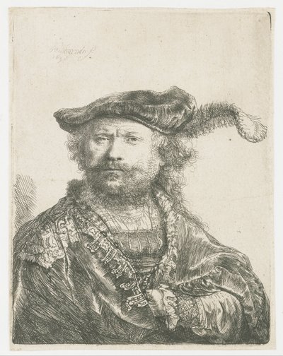 Selvportræt i fløjlskasket med fane Selvportræt i fløjlshue med fane af Rembrandt van Rijn