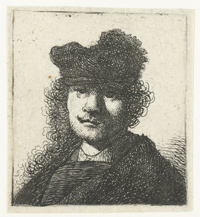 Selvportræt i kasket og mørk kappe: buste af Rembrandt van Rijn