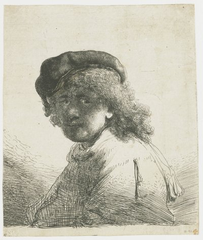 Selvportræt i kasket og tørklæde med ansigtet mørkt: buste af Rembrandt van Rijn