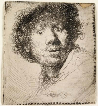 Selvportræt i kasket: åben mund, 1630. af Rembrandt van Rijn