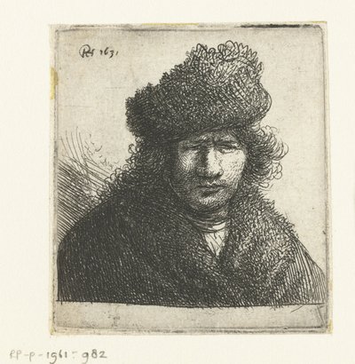 Selvportræt i skrå pelshue: buste af Rembrandt van Rijn