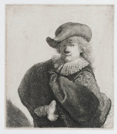 Selvportræt med blød hat og mønstret kappe af Rembrandt van Rijn