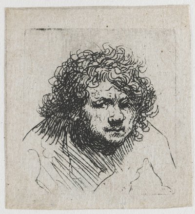Selvportræt, hvor modellen læner sig fremad: brystbillede af Rembrandt van Rijn