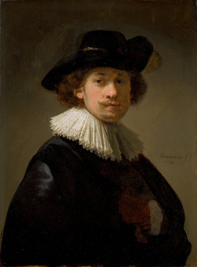 Selvportræt, iført ryg og sort hat, 1632. af Rembrandt van Rijn