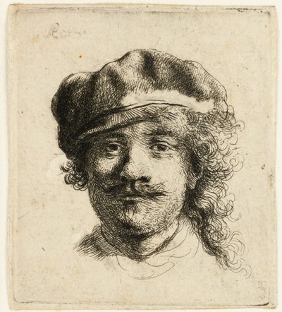 Selvportræt iført en blød kasket: hele ansigtet, kun hovedet, ca. 1634. af Rembrandt van Rijn