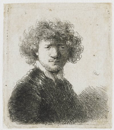 Selvportræt med krøllet hår og hvid krave: buste af Rembrandt van Rijn