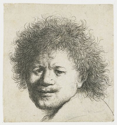 Selvportræt med langt busket hår: kun hoved af Rembrandt van Rijn