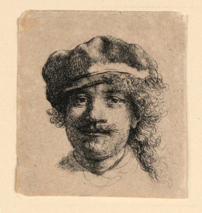 Selvportræt iført en blød kasket: Helt ansigt, kun hoved af Rembrandt van Rijn