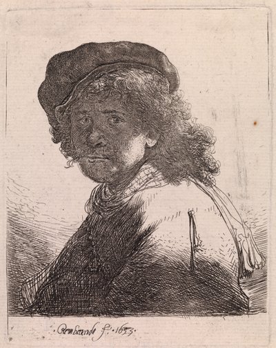 Selvportræt med hue og tørklæde og mørkt ansigt af Rembrandt van Rijn