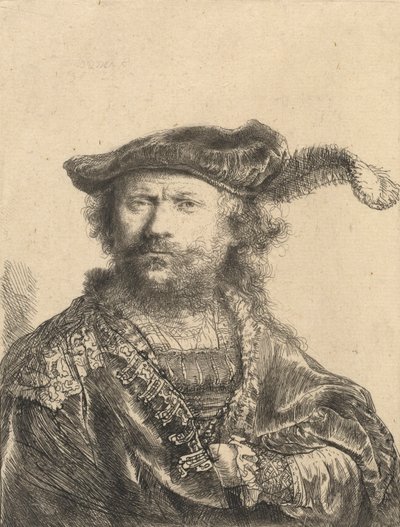 Selvportræt i fløjlskasket med fane, 1638 af Rembrandt van Rijn