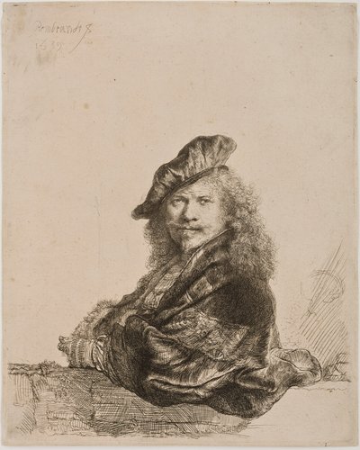 Selvportræt lænet på en vindueskarm, 1639 (ætsning og tørnål) af Rembrandt van Rijn