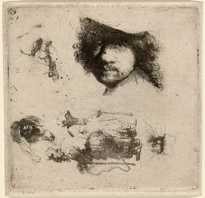 Studieark: Leder af kunstneren, et tiggerpar, ledere af en gammel mand og en gammel kvinde osv. af Rembrandt van Rijn