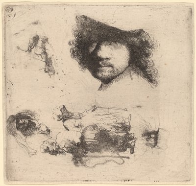 Studieark inklusive leder af kunstneren, et tiggerpar, ledere af en gammel mand og gammel kvinde af Rembrandt van Rijn