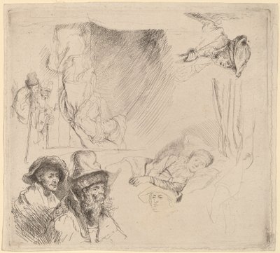 Ark med studier inklusive en kvinde, der ligger syg i sengen af Rembrandt van Rijn