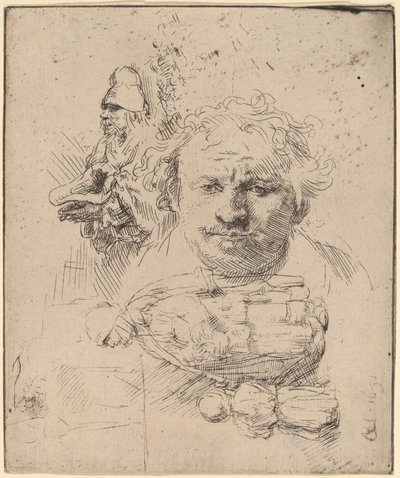 Studieark med hovedet af kunstneren, en tiggermand og kvinde og barn af Rembrandt van Rijn