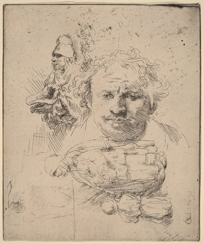 Tegningsark med kunstnerens hoved, en tigger, en kvinde og et barn af Rembrandt van Rijn