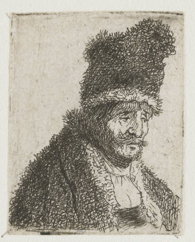 Samling af studier af mænds hoveder: en ældre mand i pelsfrakke og høj hue af Rembrandt van Rijn