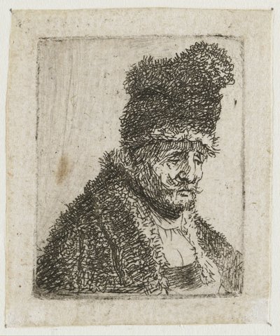 Samling af studier af mænds hoveder: en ældre mand i pelsfrakke og høj hue af Rembrandt van Rijn