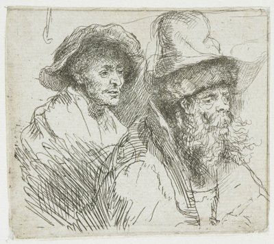 Tegningsark med en kvinde, der ligger syg i sengen: brystbilleder af to mandlige figurer af Rembrandt van Rijn