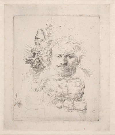 Tegningsark med Rembrandts hoved, en tigger, en kvinde og et barn af Rembrandt van Rijn