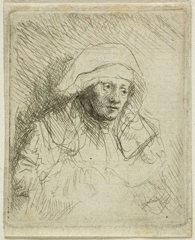 Syg kvinde med en stor hvid hovedbeklædning (Saskia) af Rembrandt van Rijn
