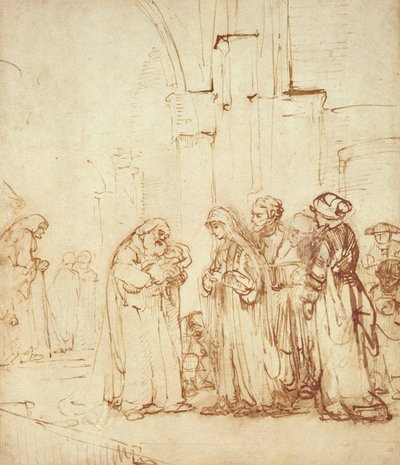 Simeon og Jesus i templet (tegning) af Rembrandt van Rijn