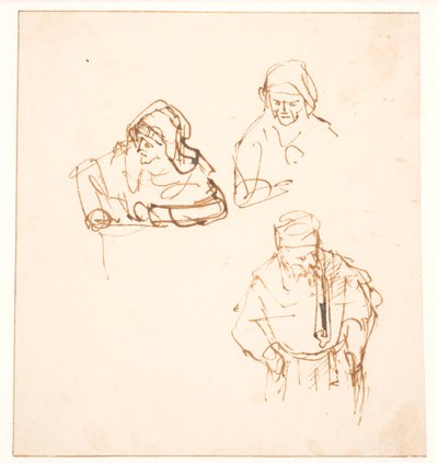 Skitse med to undersøgelser af en kvinde og en undersøgelse af en mand af Rembrandt van Rijn