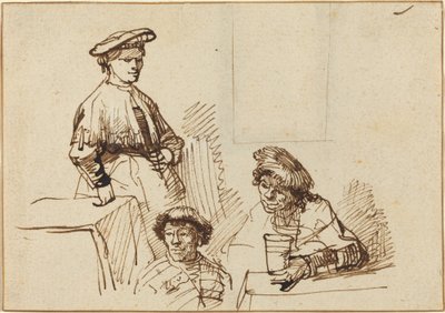 Skitser fra et værtshus: Kvinde stående og to mænd siddende af Rembrandt van Rijn