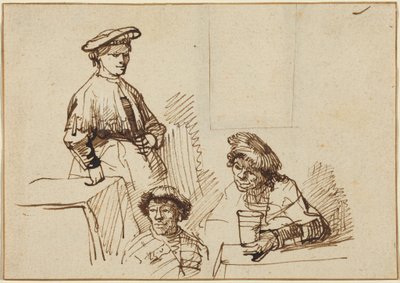 Skitser fra en kro: En stående kvinde og to siddende mænd af Rembrandt van Rijn