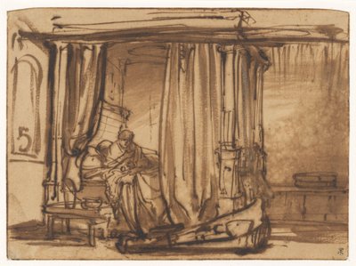 Soveværelse med Saskia siddende i en himmelseng af Rembrandt van Rijn