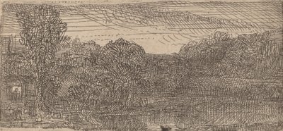 Lille gråt landskab: et hus og træer ved siden af en pool, ca. 1640. af Rembrandt van Rijn