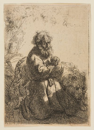 Sankt Jerome knæler i bøn og ser ned af Rembrandt van Rijn