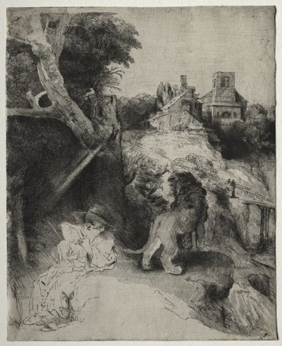 Sankt Jerome læser i et italiensk landskab af Rembrandt van Rijn