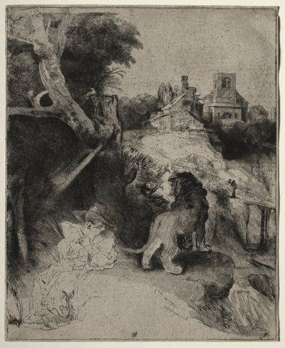 Sankt Jerome læser i et italiensk landskab, ca. 1653. af Rembrandt van Rijn