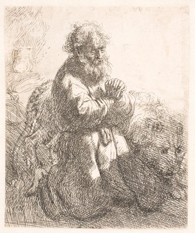Sankt Jerome knæler i bøn og kigger ned af Rembrandt van Rijn