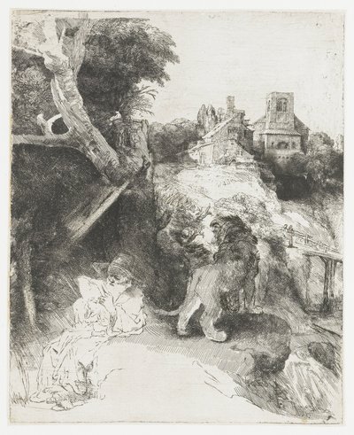 Den hellige Hieronymus læser i et italiensk landskab af Rembrandt van Rijn
