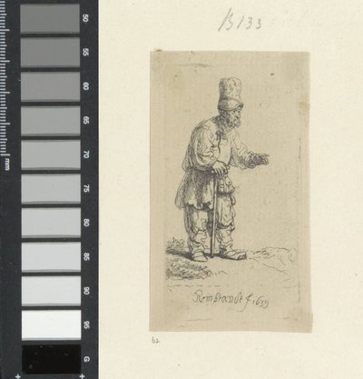 Stående landmand med høj hovedbeklædning, lænet på en pind Recueil de quatre-vingt-cinq estampes originales (serietitel) af Rembrandt van Rijn