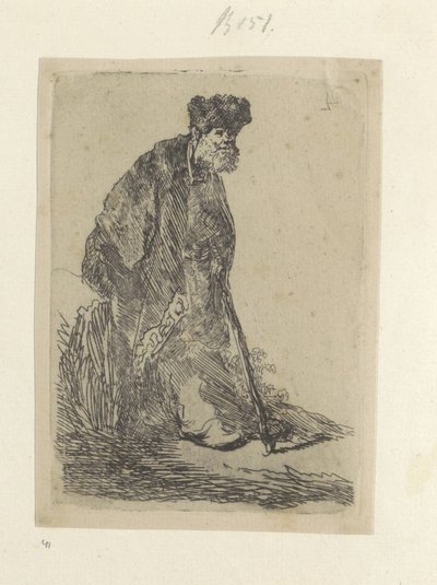 Staande mand sætter en lange mantel i bontmuts Samling af 85 originale tryk (serietitel) af Rembrandt van Rijn