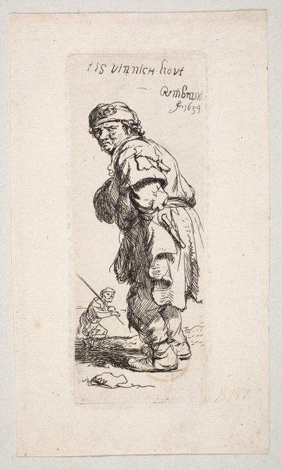 En stående landsbyboer, der vender mod venstre, og en figur med en stok i baggrunden »Tis vinnich Kout« af Rembrandt van Rijn