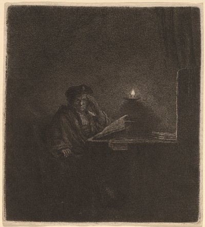 Student ved et bord ved levende lys af Rembrandt van Rijn