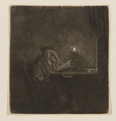 En studerende ved et bord i stearinlysets skær af Rembrandt van Rijn