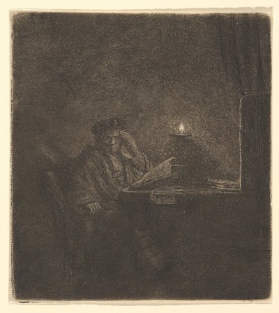 Student ved et bord ved stearinlys, ca. 1642. af Rembrandt van Rijn