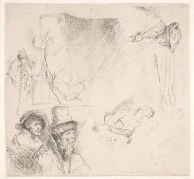 Studieblad, bl.a med en sengeliggende kvinde af Rembrandt van Rijn