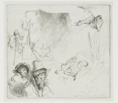 Studiebillede med en syg kvinde i sengen af Rembrandt van Rijn