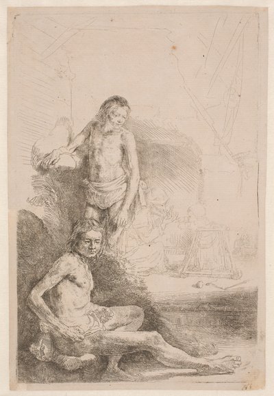 Nøgenstudier: en siddende mand og en stående mand; med en kvinde og et spædbarn svagt skitseret i baggrunden af Rembrandt van Rijn