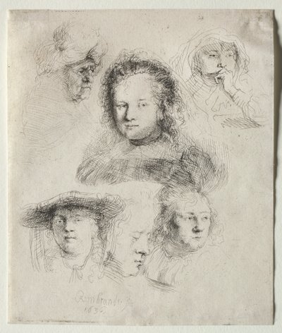 Studier af lederen af Saskia og andre, 1636. af Rembrandt van Rijn